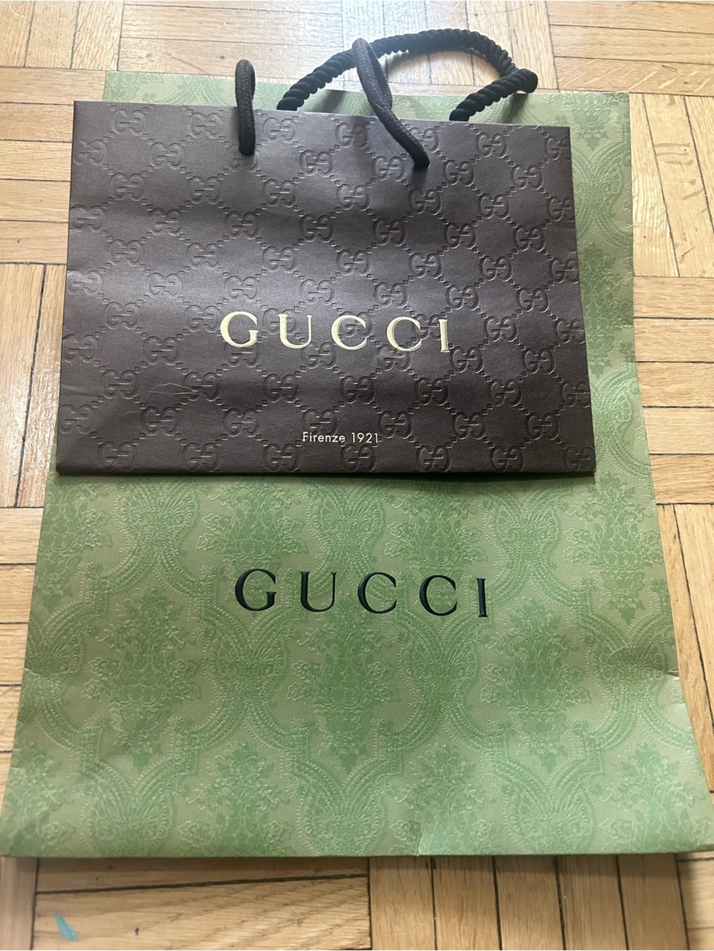 2 Authentic Gucci Designer Shopping Gift Bags Green & Brown